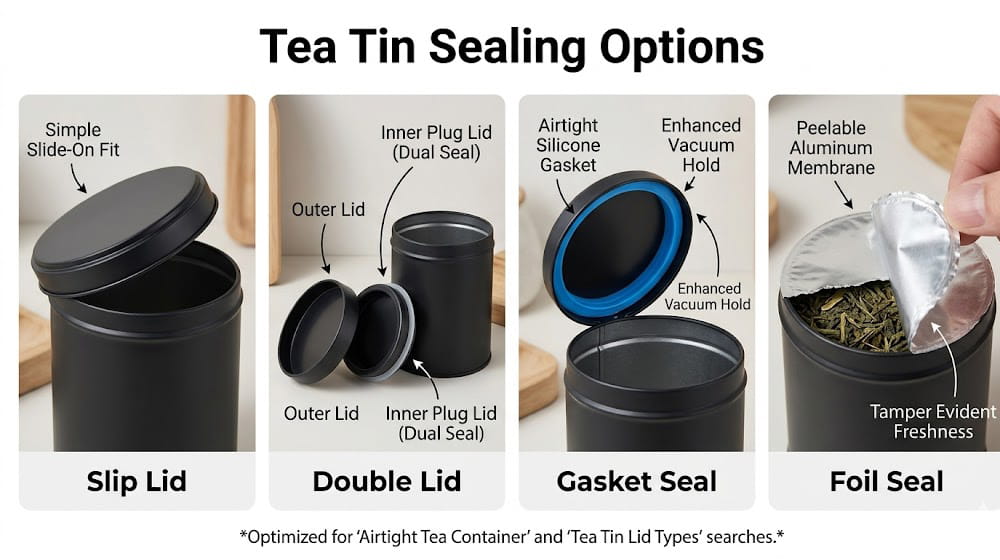 tea tin lid sealing types slip lid double lid gasket seal foil seal