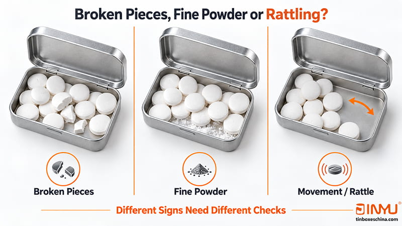 Dusting, rattling and discrete breakage